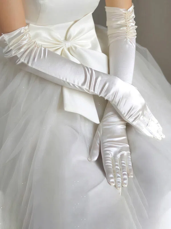 White Elastic Satin Opera Length Gloves #UKM03120030