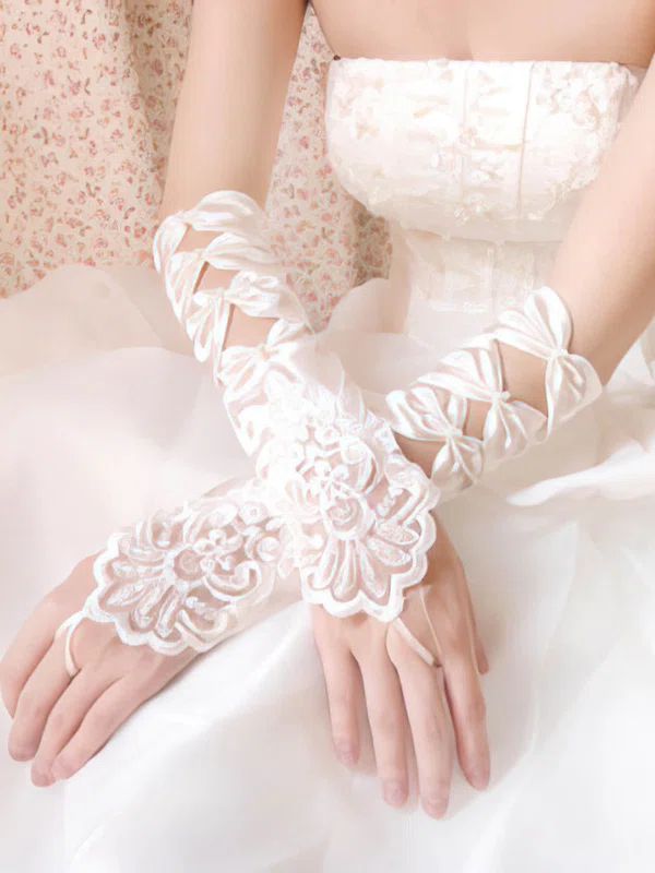 White Elastic Satin Elbow Length Gloves with Beading/Sequins #UKM03120031