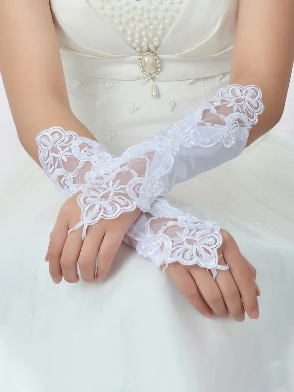 White Lace Elbow Length Gloves with Pearls #UKM03120034