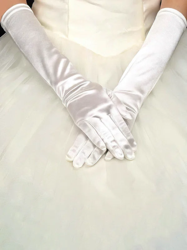 Ivory Elastic Satin Opera Length Gloves #UKM03120036