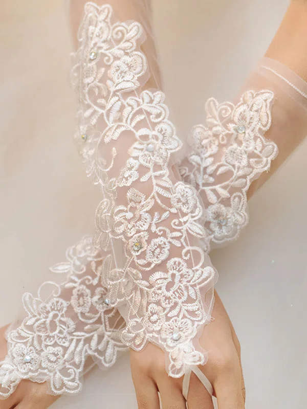 White Tulle Elbow Length Gloves with Beading/Appliques #UKM03120038