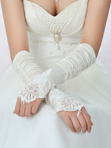 White Elastic Satin Elbow Length Gloves with Lace/Beading/Sequins #UKM03120039