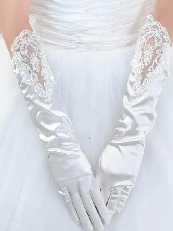 White Elastic Satin Elbow Length Gloves with Lace #UKM03120043
