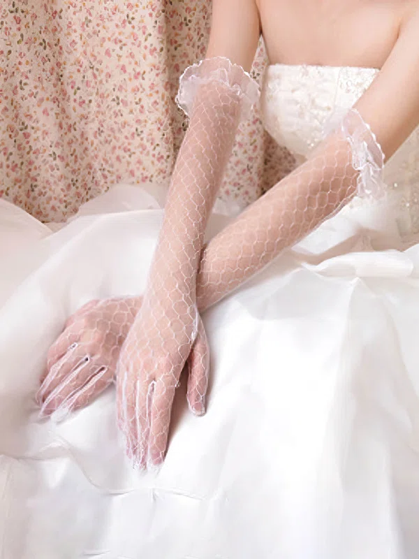 White Tulle Opera Length Gloves with Lace #UKM03120045