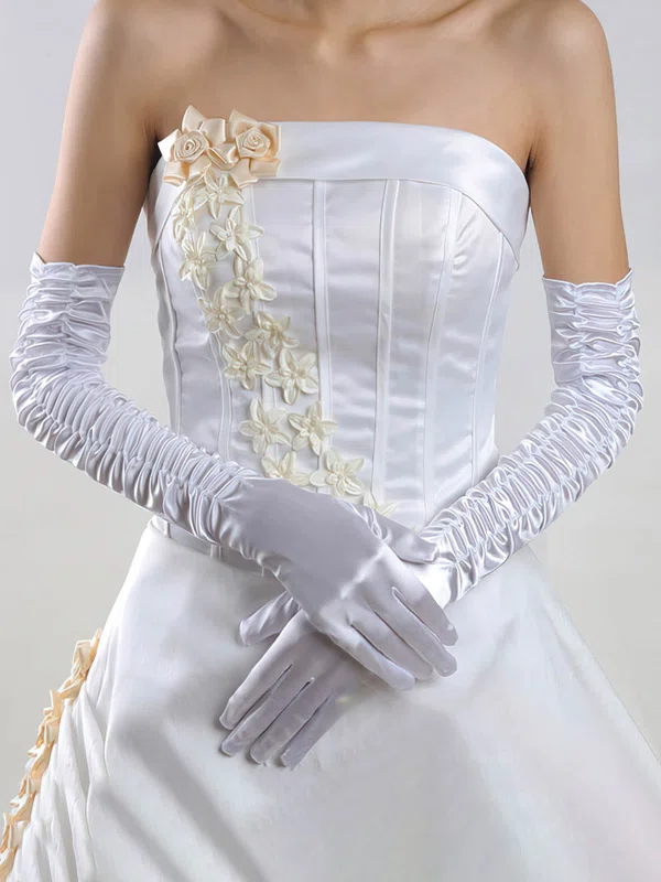 White Elastic Satin Opera Length Gloves with Ruched #UKM03120046