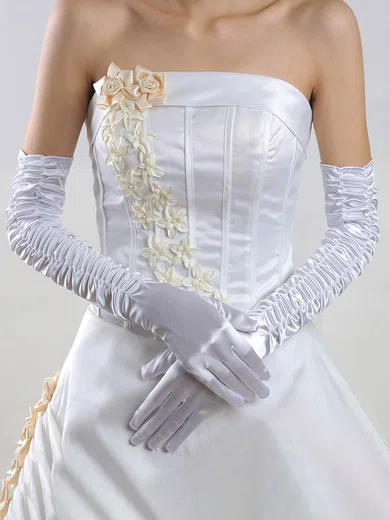 White Elastic Satin Opera Length Gloves with Ruched #UKM03120046