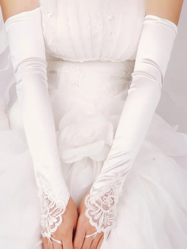 White Elastic Satin Opera Length Gloves with Lace #UKM03120047