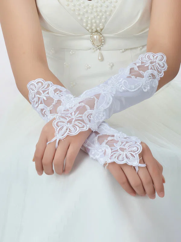 White Lace Elbow Length Gloves with Pearls #UKM03120049