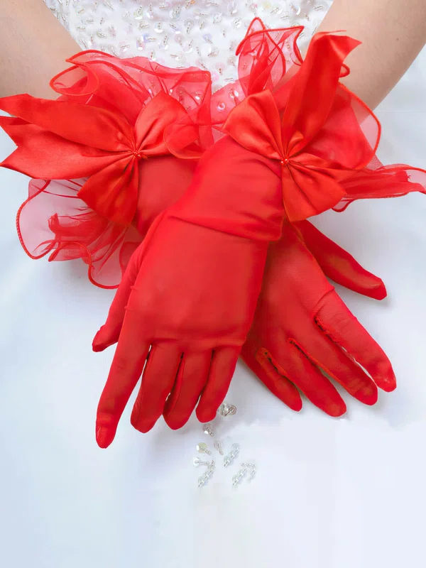 Red Tulle Wrist Length Gloves with Bow #UKM03120050