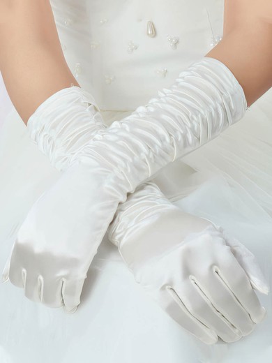 White Elastic Satin Elbow Length Gloves with Ruched #UKM03120051