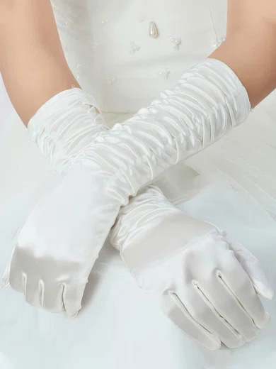 White Elastic Satin Elbow Length Gloves with Ruched #UKM03120051