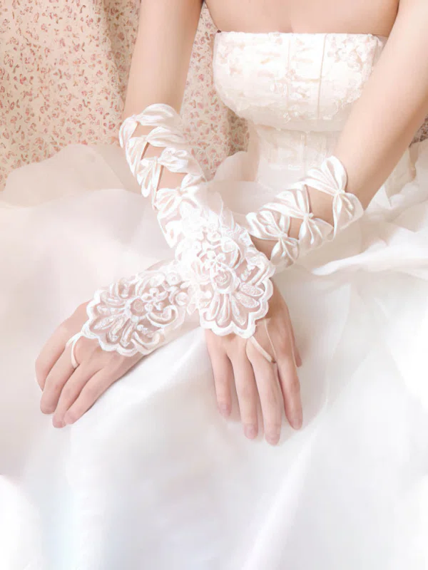 White Elastic Satin Elbow Length Gloves with Lace/Beading/Sequins #UKM03120052