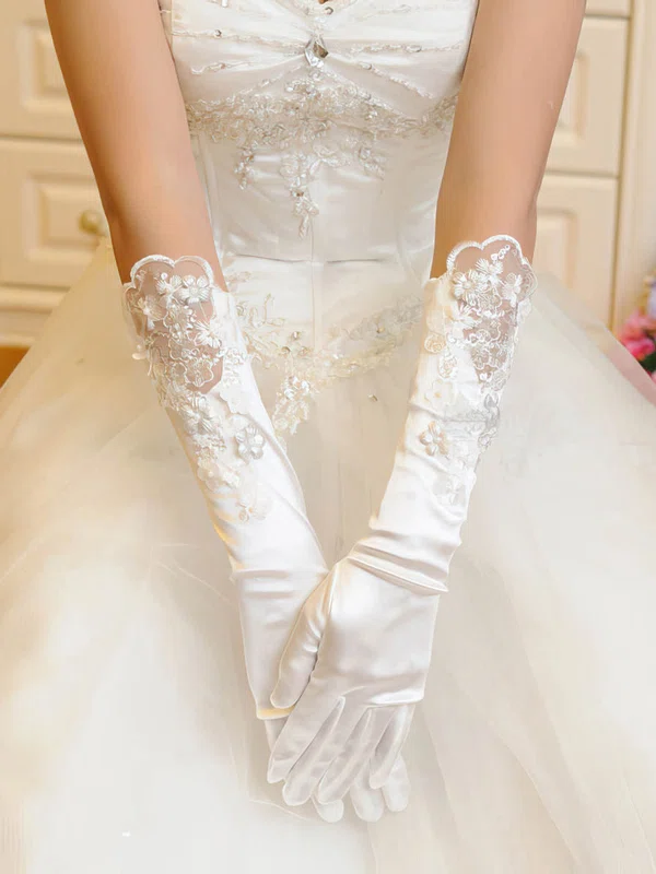Ivory Elastic Satin Elbow Length Gloves with Appliques/Lace #UKM03120053