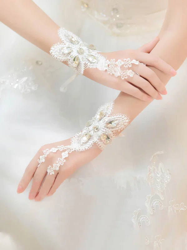 Ivory Lace Wrist Length Gloves with Rhinestone #UKM03120055