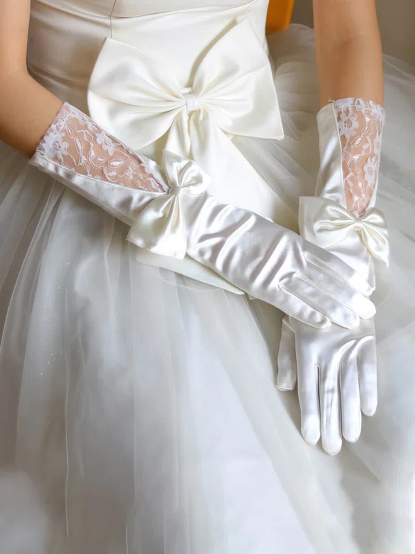 White Elastic Satin Elbow Length Gloves with Lace/Bow #UKM03120056