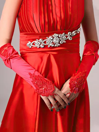 White Elastic Satin Elbow Length Gloves with Lace/Bow/Beading #UKM03120057