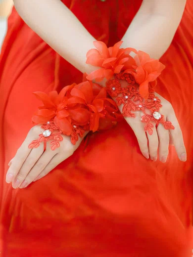 Red Lace Wrist Length Gloves with Rhinestone #UKM03120058