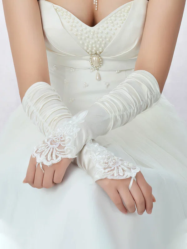White Elastic Satin Elbow Length Gloves with Lace/Beading #UKM03120059