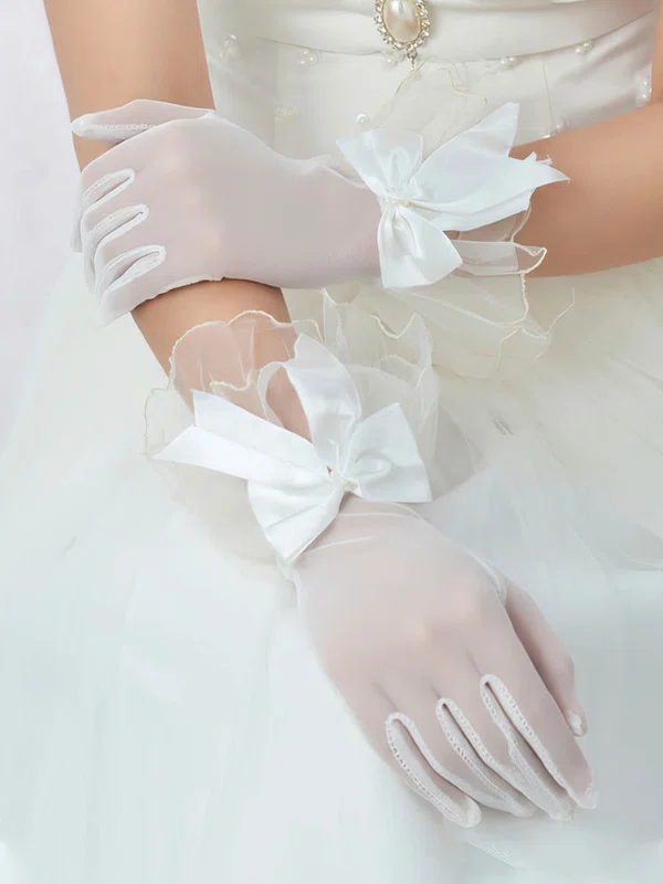 Ivory Tulle Wrist Length Gloves with Bow #UKM03120063