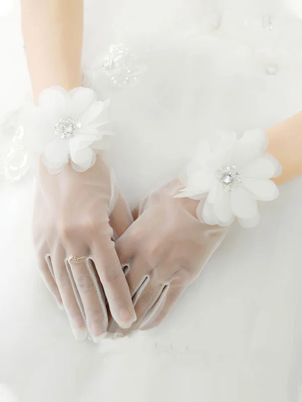Ivory Organza Wrist Length Gloves with Rhinestone/Lace Flower #UKM03120066