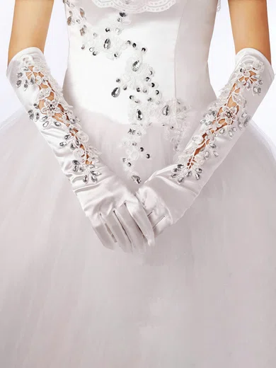 Ivory Elastic Satin Elbow Length Gloves with Rhinestone/Appliques #UKM03120067