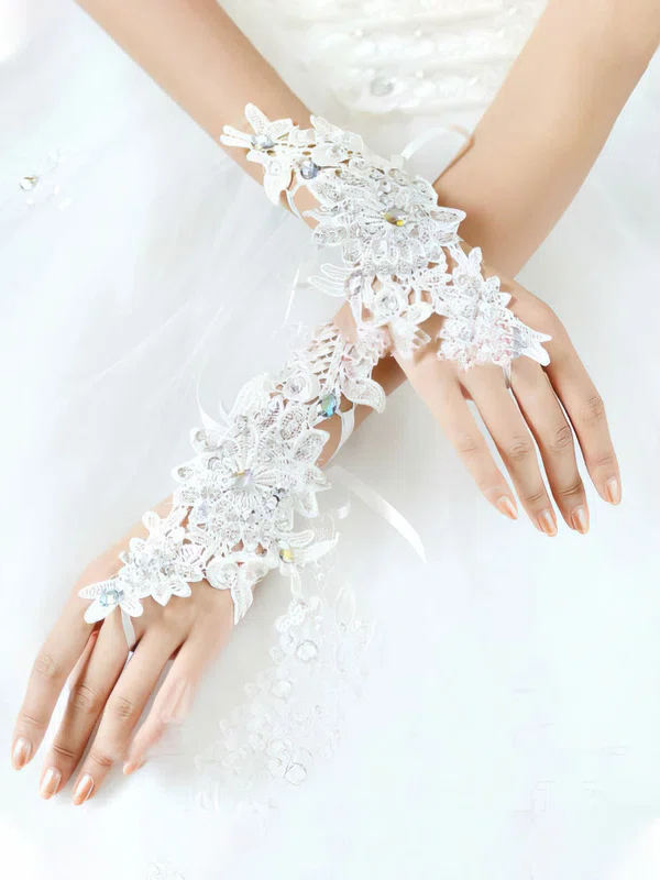 Ivory Lace Wrist Length Gloves with Lace/Rhinestone #UKM03120068