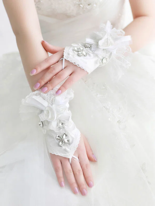 Ivory Lace Wrist Length Gloves with Lace/Rhinestone #UKM03120069