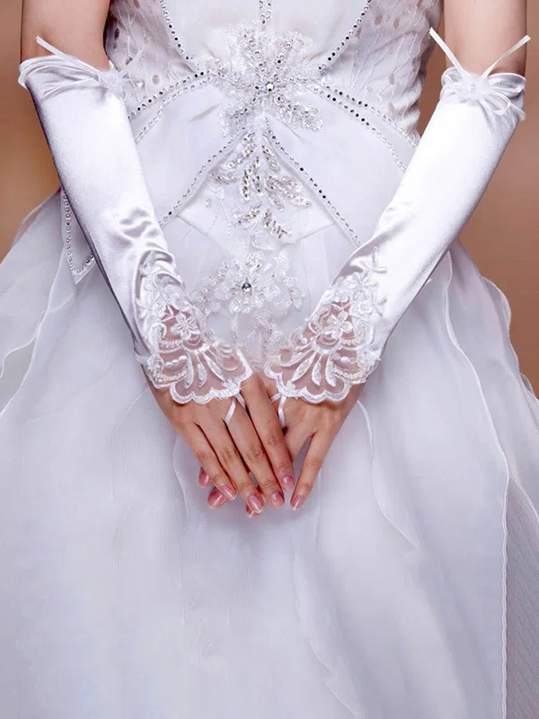 White Elastic Satin Elbow Length Gloves with Lace/Sequins #UKM03120070
