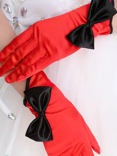 White Elastic Satin Wrist Length Gloves with Bow #UKM03120071