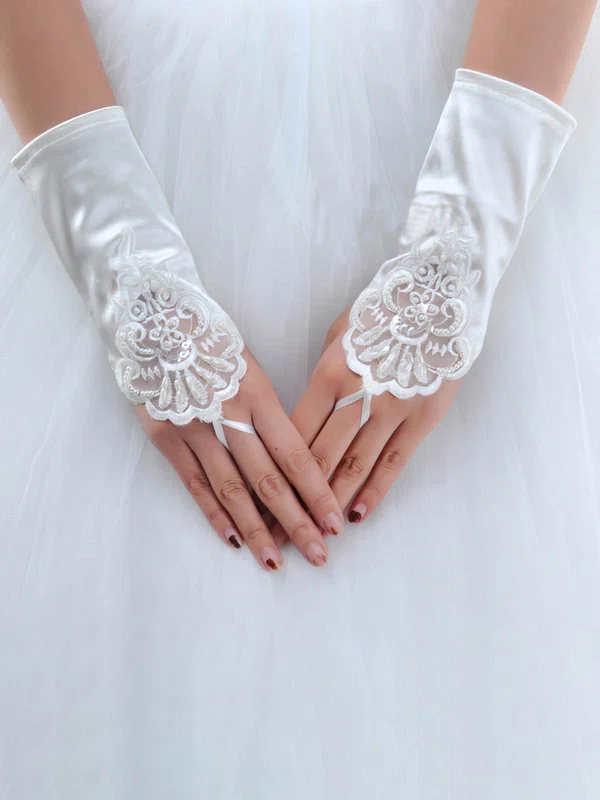 White Elastic Satin Wrist Length Gloves with Lace/Sequins #UKM03120072