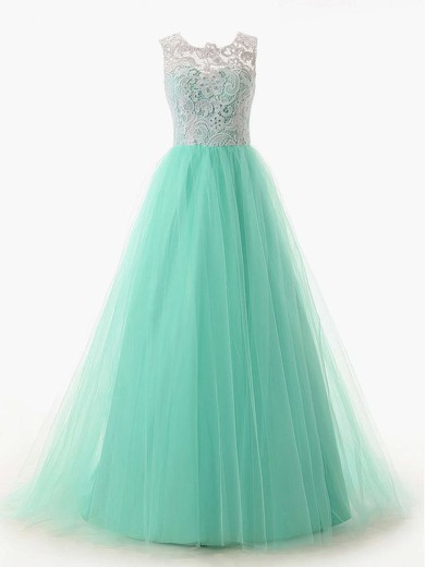 Ball Gown Scoop Neck Lace Tulle Sweep Train Prom Dresses #UKM020101174