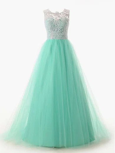 Ball Gown Illusion Lace Tulle Modest Prom Dresses #UKM020101174
