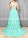 A-line Scoop Neck Lace Tulle Sweep Train Prom Dresses #UKM020101174