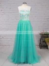A-line Scoop Neck Lace Tulle Sweep Train Prom Dresses #UKM020101174