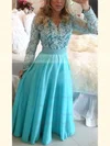 A-line V-neck Lace Chiffon Floor-length Pearl Detailing Prom Dresses #UKM020101388