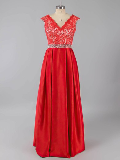 Princess V-neck Satin Floor-length Beading Prom Dresses #UKM020101514