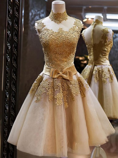 Ball Gown High Neck Tulle Knee-length Appliques Lace Prom Dresses #UKM020101414