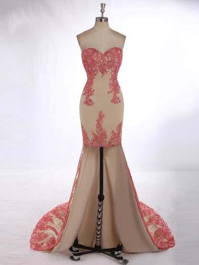 Sheath/Column Sweetheart Tulle Asymmetrical Appliques Lace Prom Dresses #UKM020101814