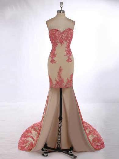 Trumpet/Mermaid Sweetheart Tulle Asymmetrical Appliques Lace Prom Dresses #UKM020101814