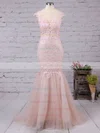 Trumpet/Mermaid Scoop Neck Tulle Floor-length Appliques Lace Prom Dresses #UKM020101832