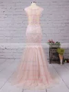 Trumpet/Mermaid Scoop Neck Tulle Floor-length Appliques Lace Prom Dresses #UKM020101832