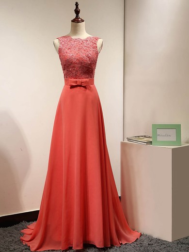 A-line Scoop Neck Chiffon Sweep Train Appliques Lace Prom Dresses #UKM020101837