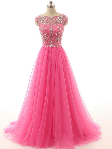 Ball Gown Scoop Neck Tulle Sweep Train Beading Prom Dresses #UKM020101856