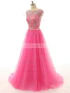 Princess Scoop Neck Tulle Sweep Train Beading Prom Dresses #UKM020101856