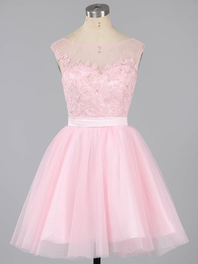Girls A-line Scoop Neck Tulle Short/Mini Appliques Lace Short Prom Dresses #UKM020101913