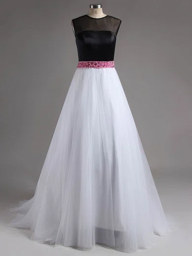 Princess Scoop Neck Tulle Sweep Train Sashes / Ribbons #UKM020101945