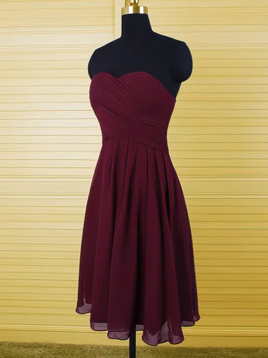 Sweetheart Grape For Less Ruffles Chiffon Knee-length Bridesmaid Dresses #UKM01012500