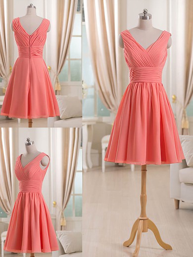 V-neck Pleats Short/Mini Watermelon Chiffon Sweet Bridesmaid Dress #UKM01012511