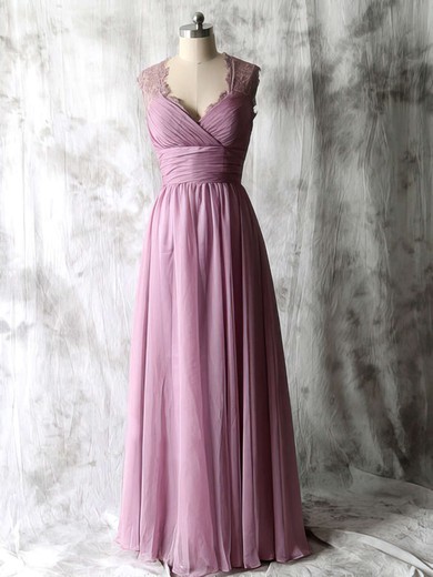 Chiffon Lace Fashion V-neck Ruffles Floor-length Open Back Bridesmaid Dresses #UKM01012534