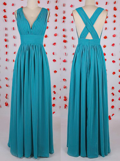 Blue V-neck Pleats Chiffon Floor-length Crossed Straps Cheap Bridesmaid Dress #UKM01012549